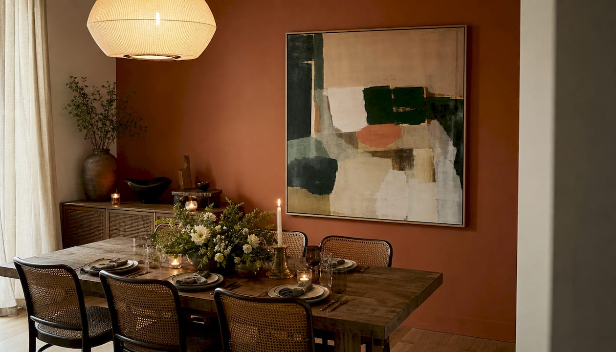 Dining room with single large landscape artwork