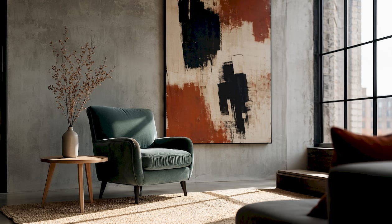 Living room with high contrast art energizing space