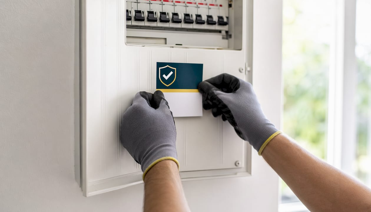 Een monteur plakt het keuringssticker op de deur van de groepenkast.