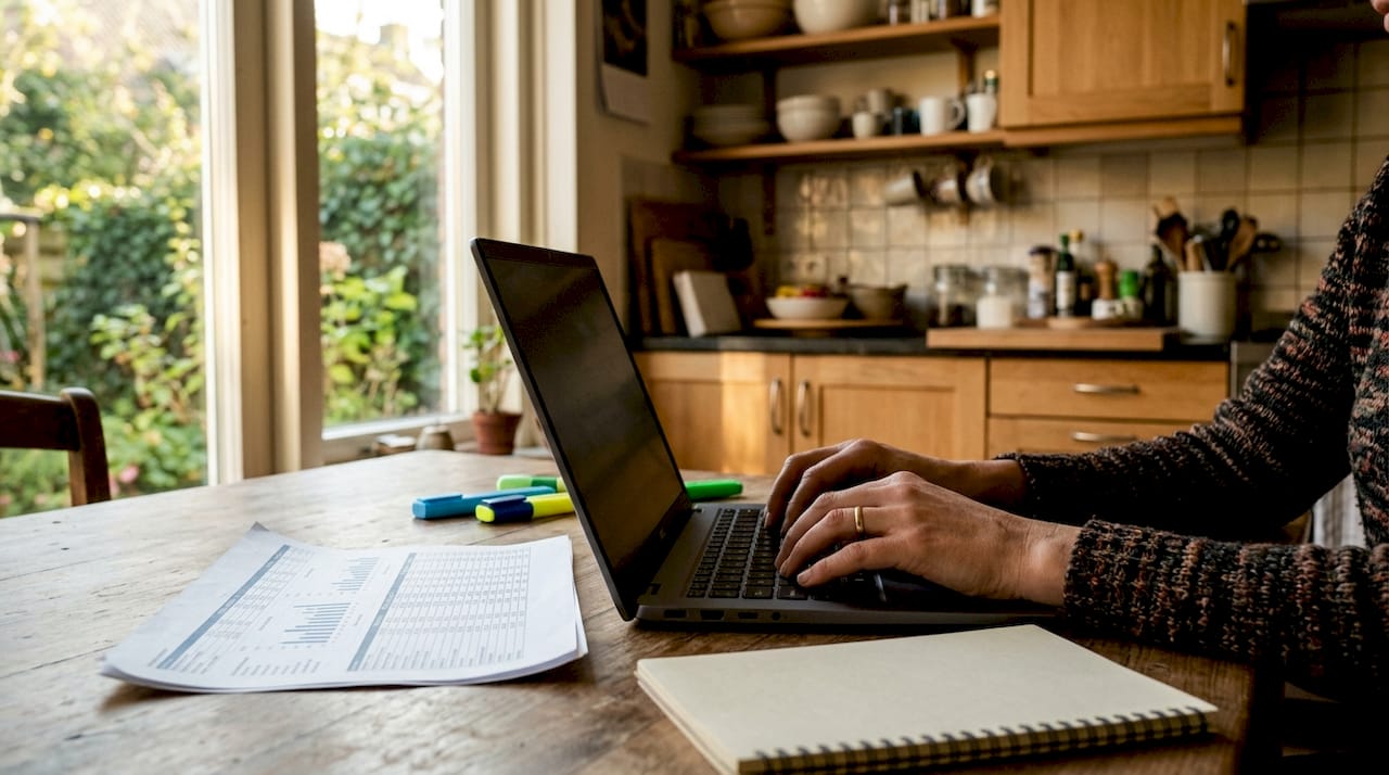 Iemand typt op een laptop terwijl er een begrotingsoverzicht naast ligt.