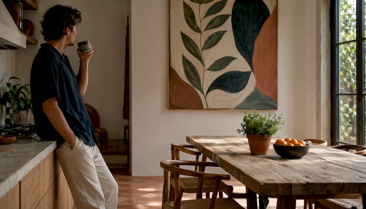 Living room with large botanical canvas art