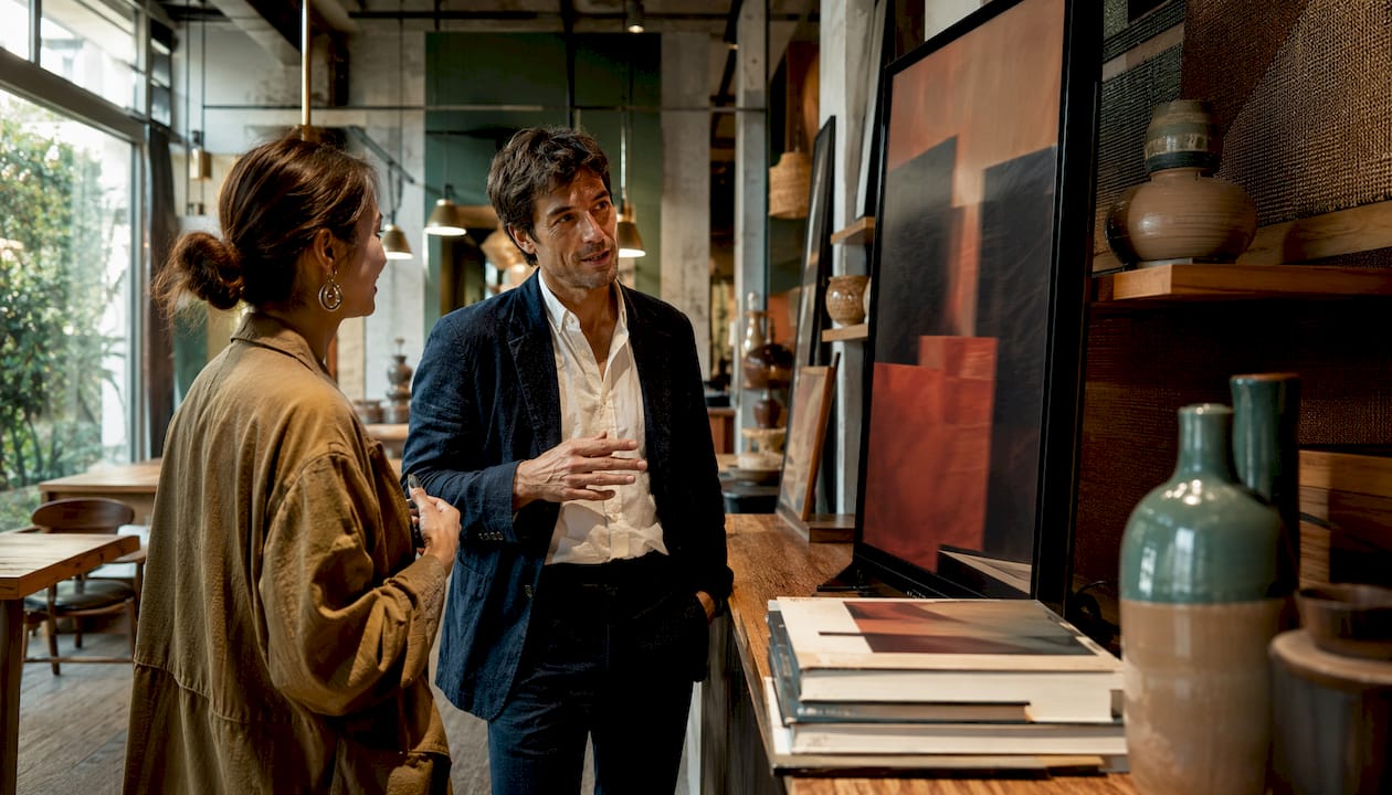 Two professionals discussing digital art in lobby