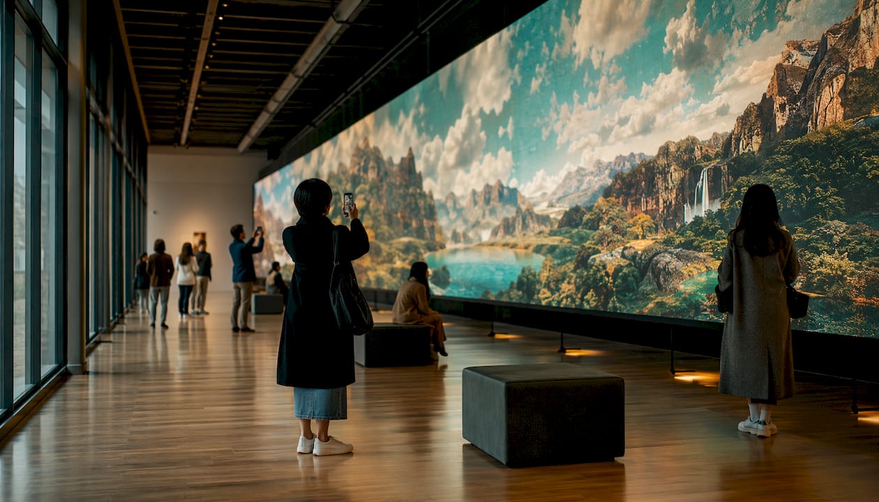 Corporate atrium with immersive digital artwork