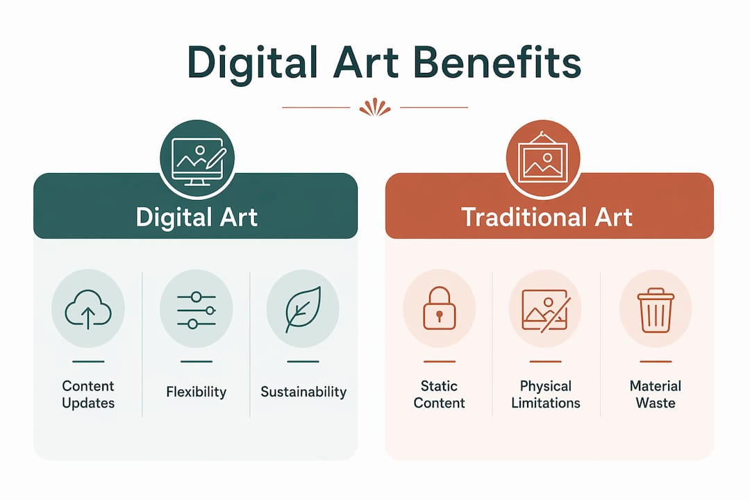 Infographic comparing digital and traditional art benefits in large spaces