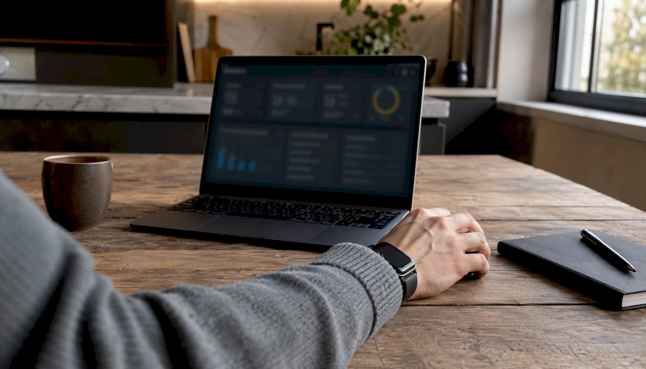 Iemand werkt aan een marketingdashboard op zijn laptop in een gezellig café.