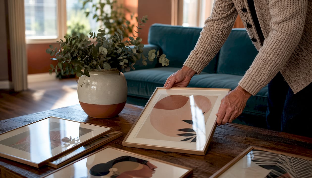 Hands arranging mixed framed artwork on table