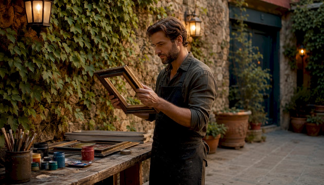 Craftsman inspecting bespoke art frame in workshop