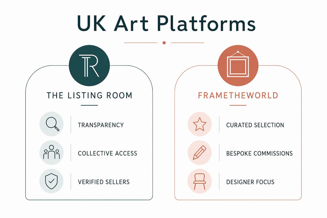 Infographic comparing UK art platforms The Listing Room and Frametheworld