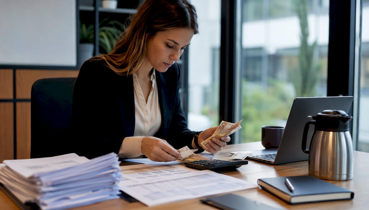 Handen tellen geld terwijl financiële rapporten worden doorgenomen—een duidelijk geval van klikfraude.