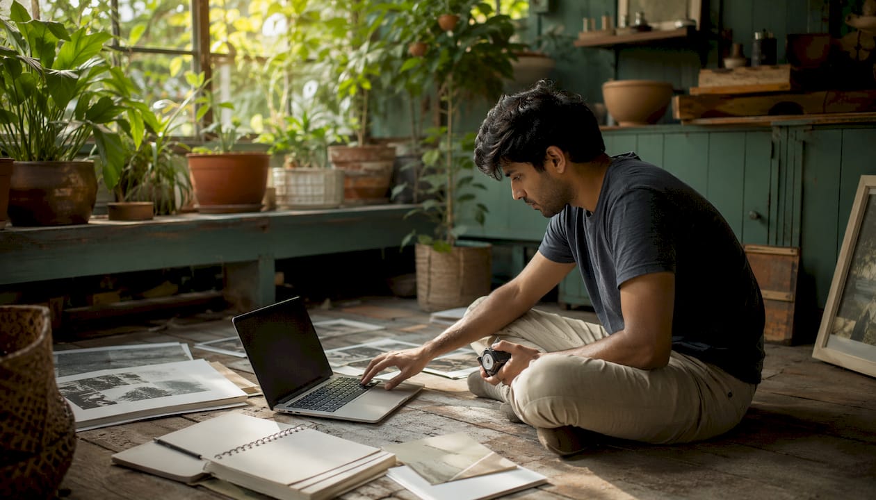 Man using laptop and tape measure for art arrangement