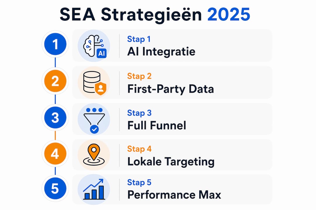 In deze infographic worden de vijf essentiële stappen voor een succesvolle SEA-strategie in 2025 overzichtelijk weergegeven.