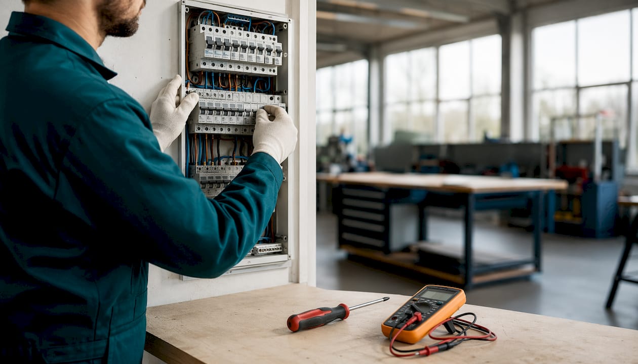 Een paar handen controleert de schakelaars in de meterkast.