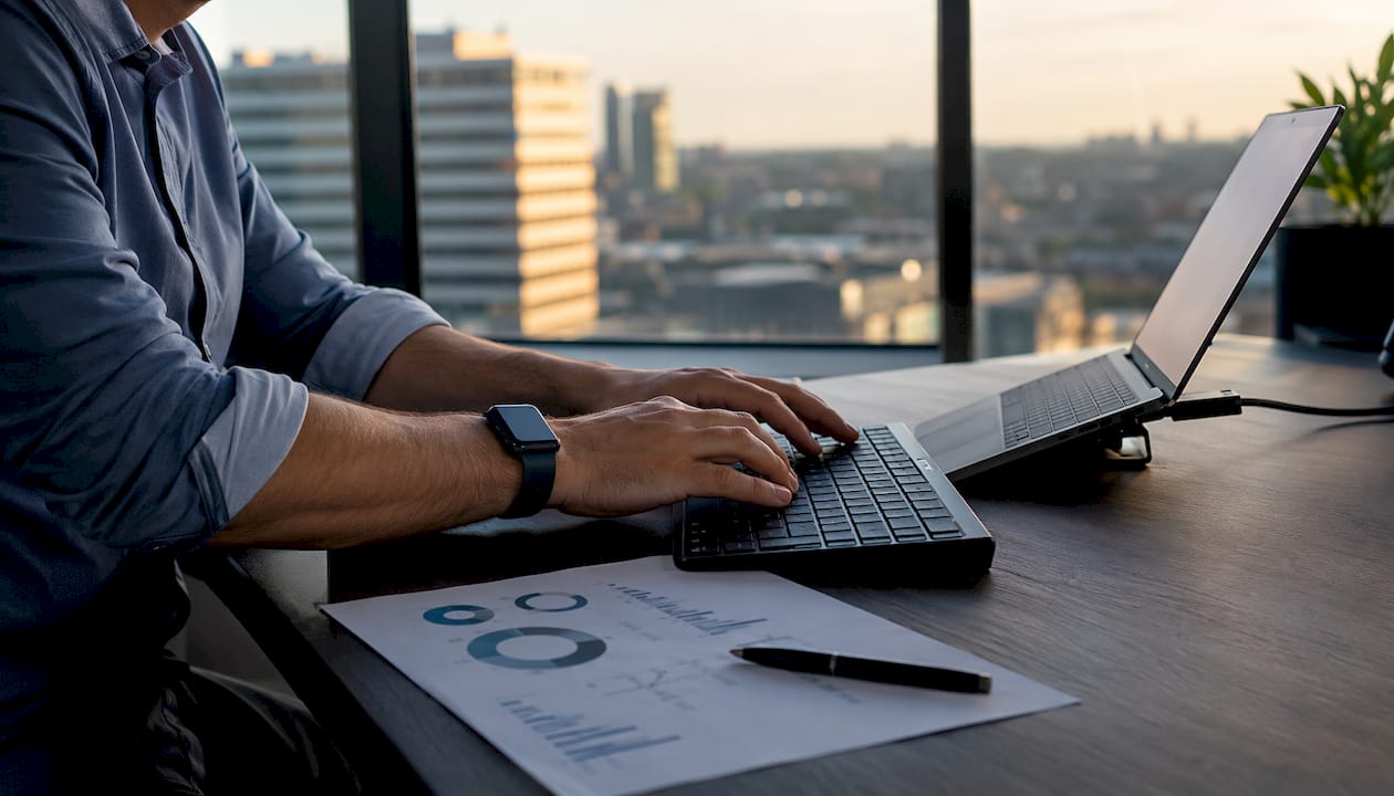 Iemand zit achter de computer en werkt aan een kwaliteitsrapport voor Google Ads.