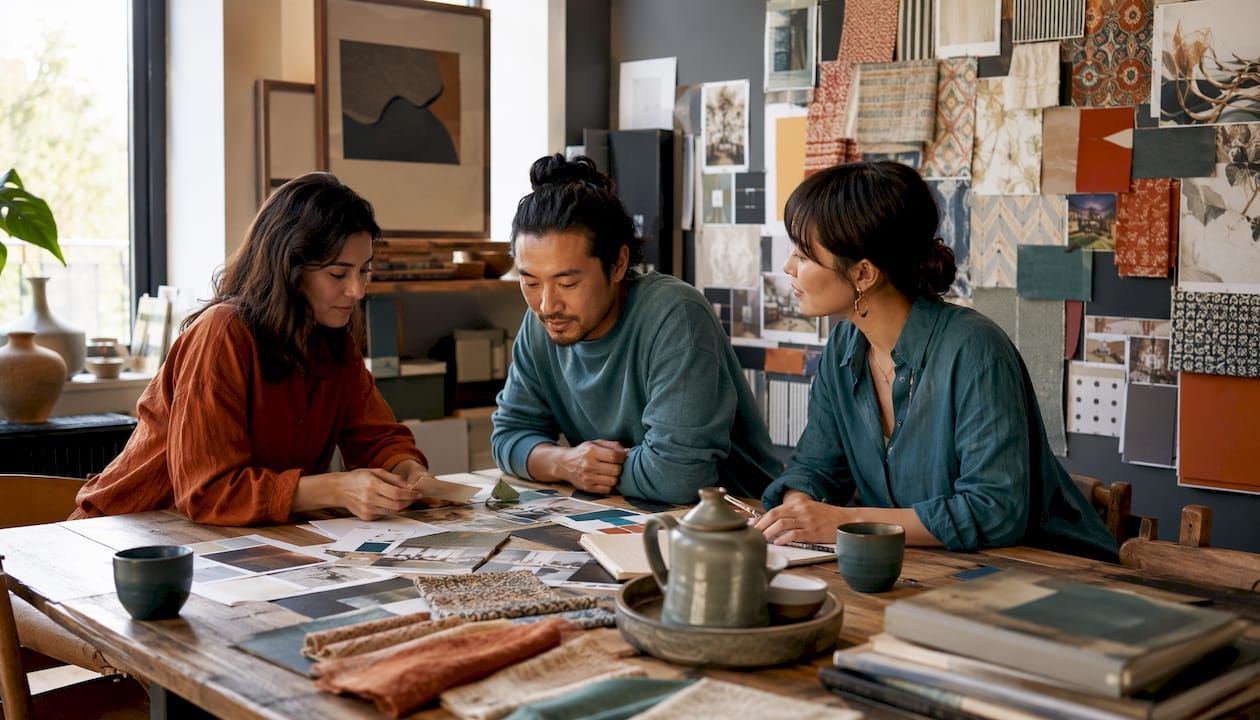 Interior designers collaborating with art samples