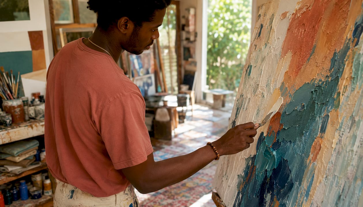 Young artist applying palette knife paint in studio