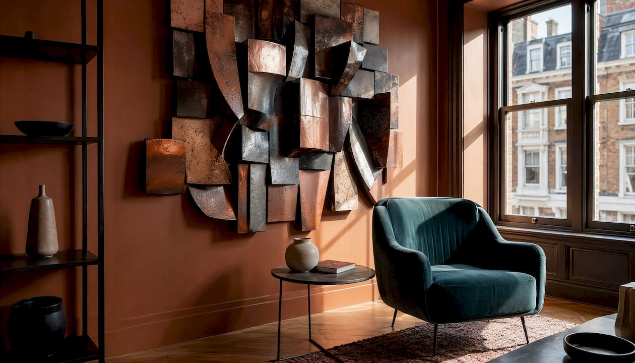 Minimalist room with large 3D sculptural wall art