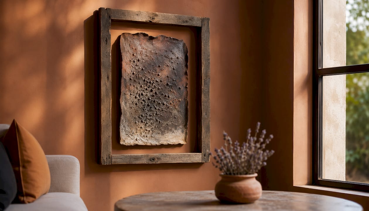 Close-up textured clay wall hanging with shadows