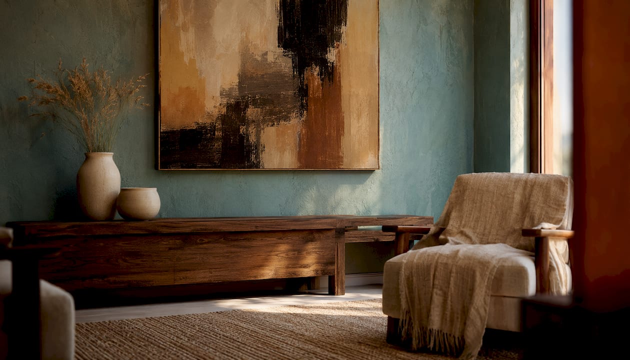 Living room corner with well-placed wabi-sabi art