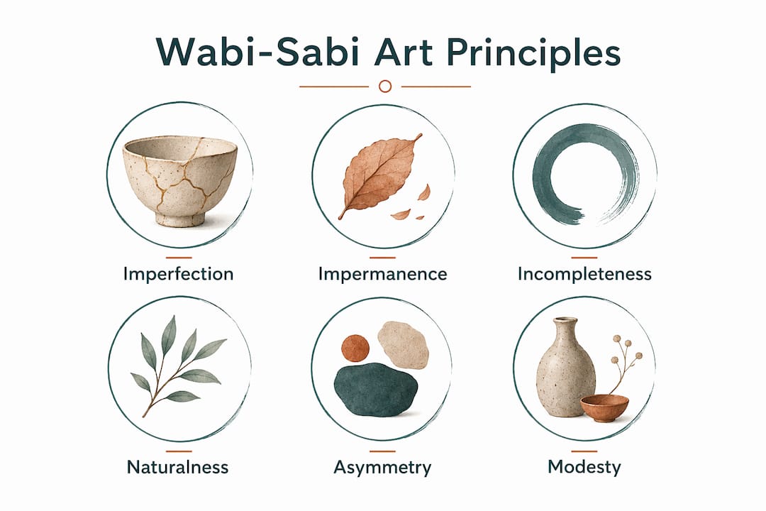 Infographic showing key wabi-sabi art principles