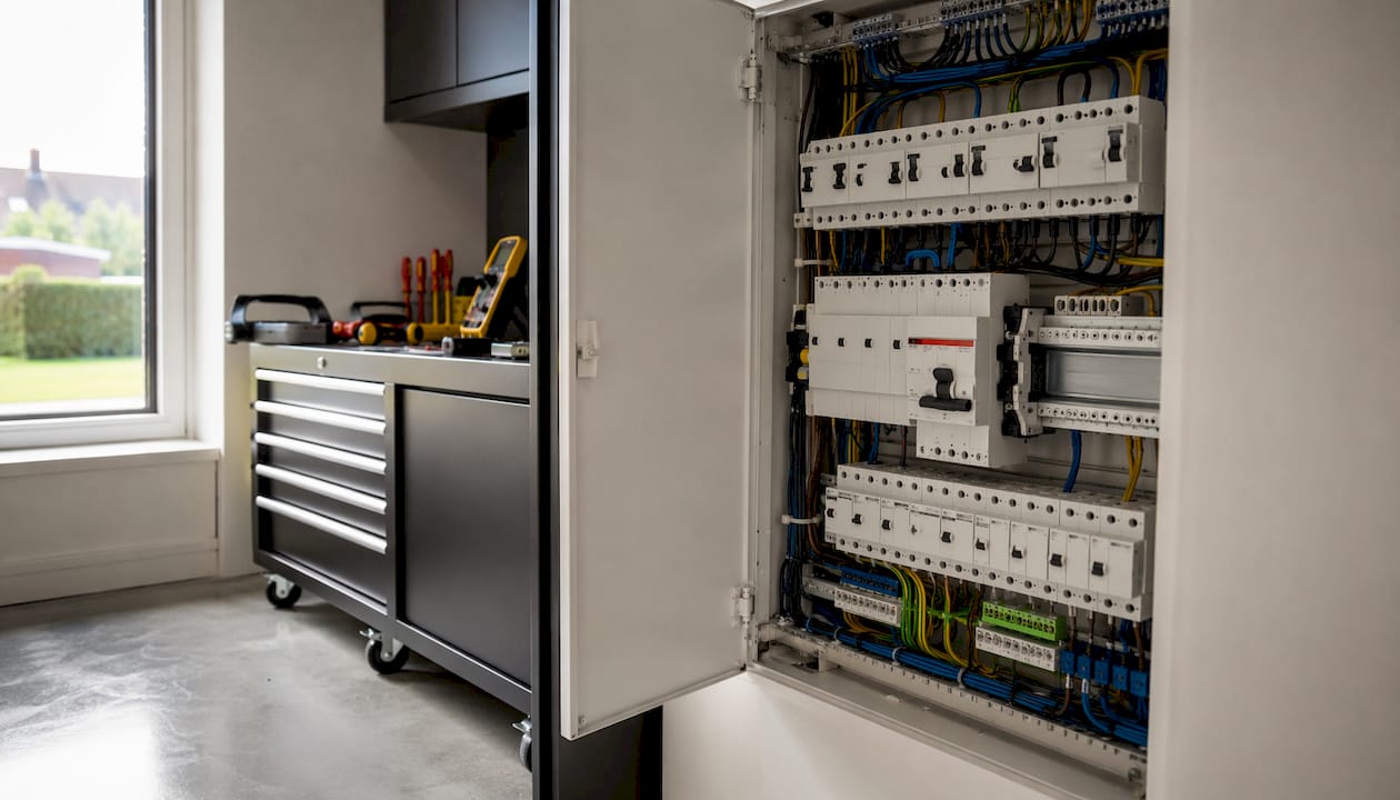 Het binnenwerk van een geopende verdeelkast, waarbij de verschillende installatiedelen zichtbaar zijn.