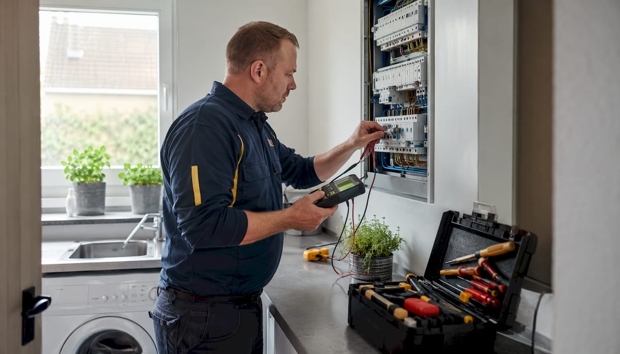 Een ervaren elektricien controleert vakkundig op stroomverlies.