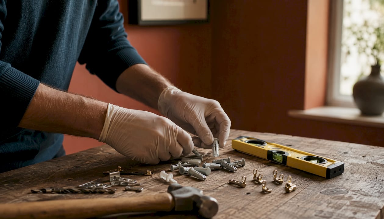 Installer hands with UK wall fixings on workbench