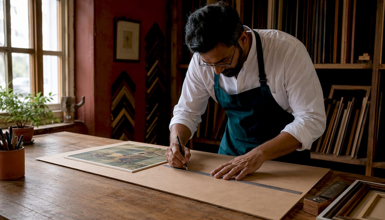 Hands measuring artwork in a framing workshop