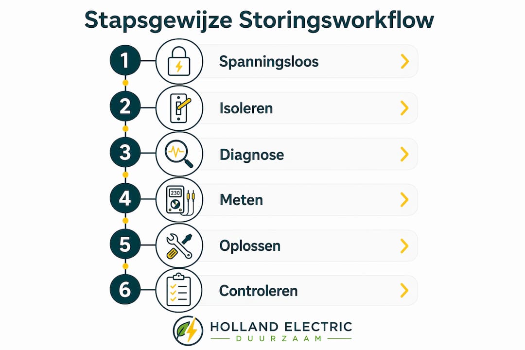 Infographic met een duidelijk stappenplan voor monteurs bij het oplossen van storingen