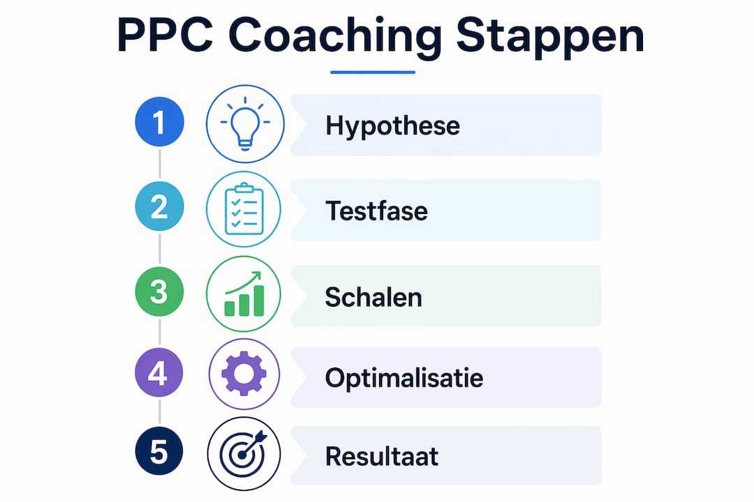Overzichtelijke infographic met een praktisch stappenplan voor effectieve PPC-coaching