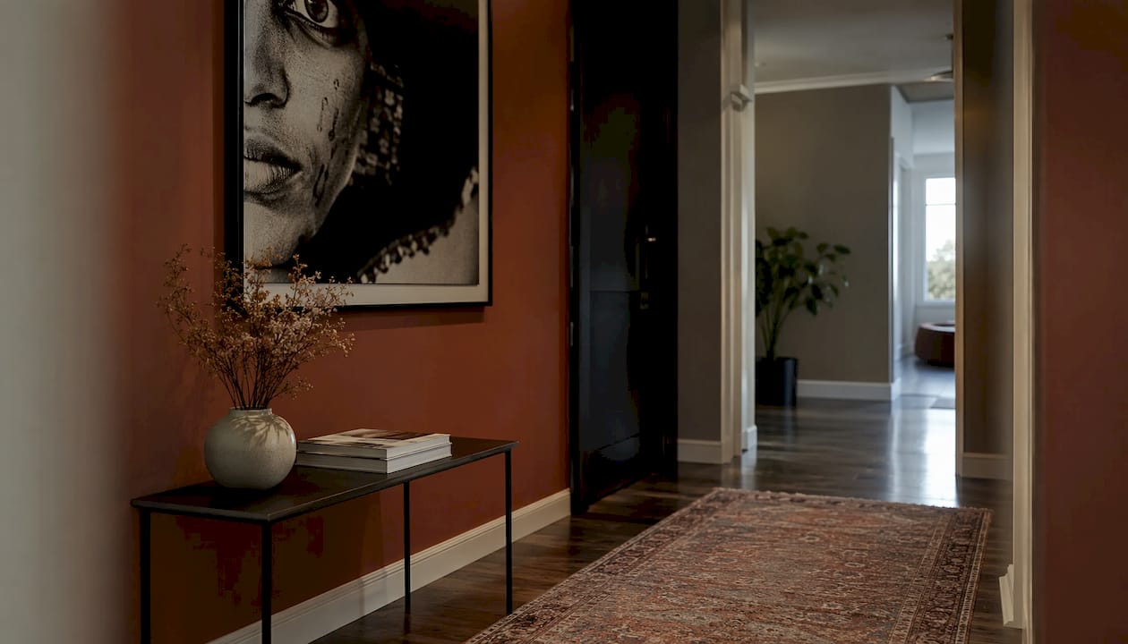 Hallway featuring black and white portrait print