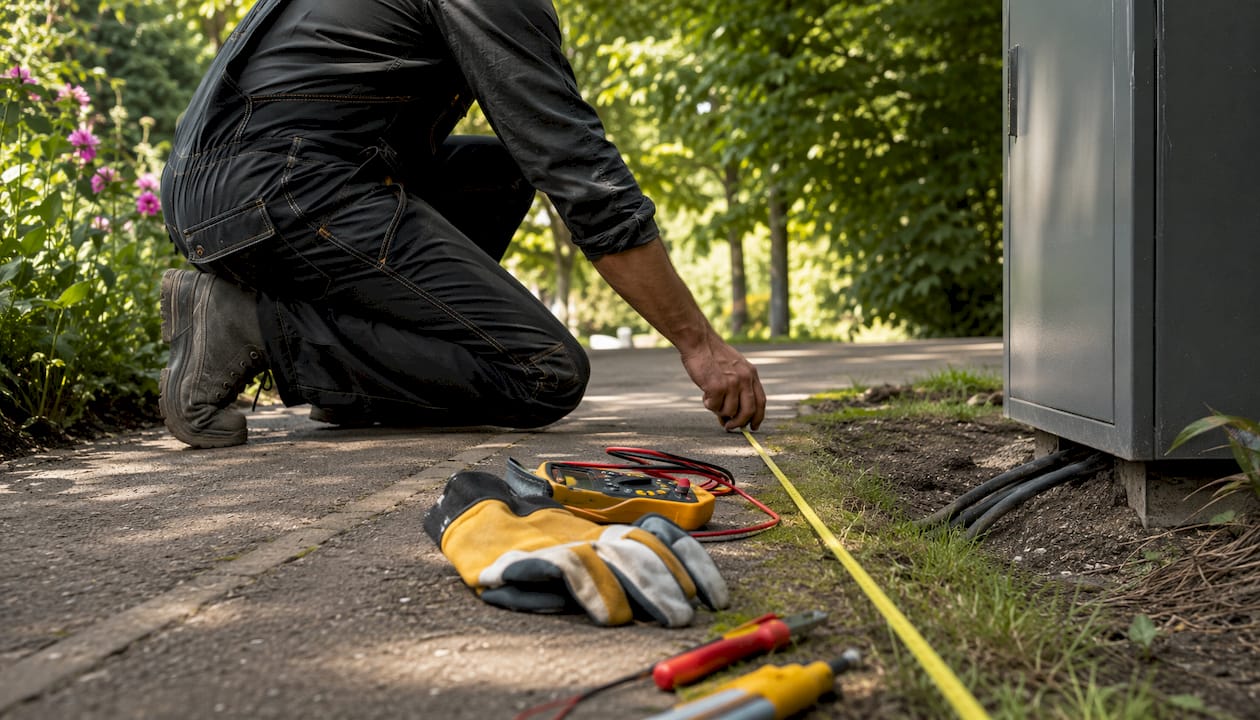 Een elektromonteur meet buiten de afstand tot de hoofdleiding op.