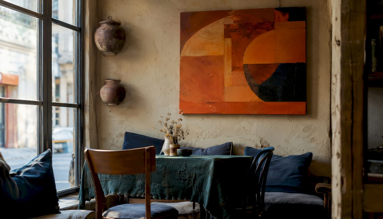Living room with contrasting warm and cool accents