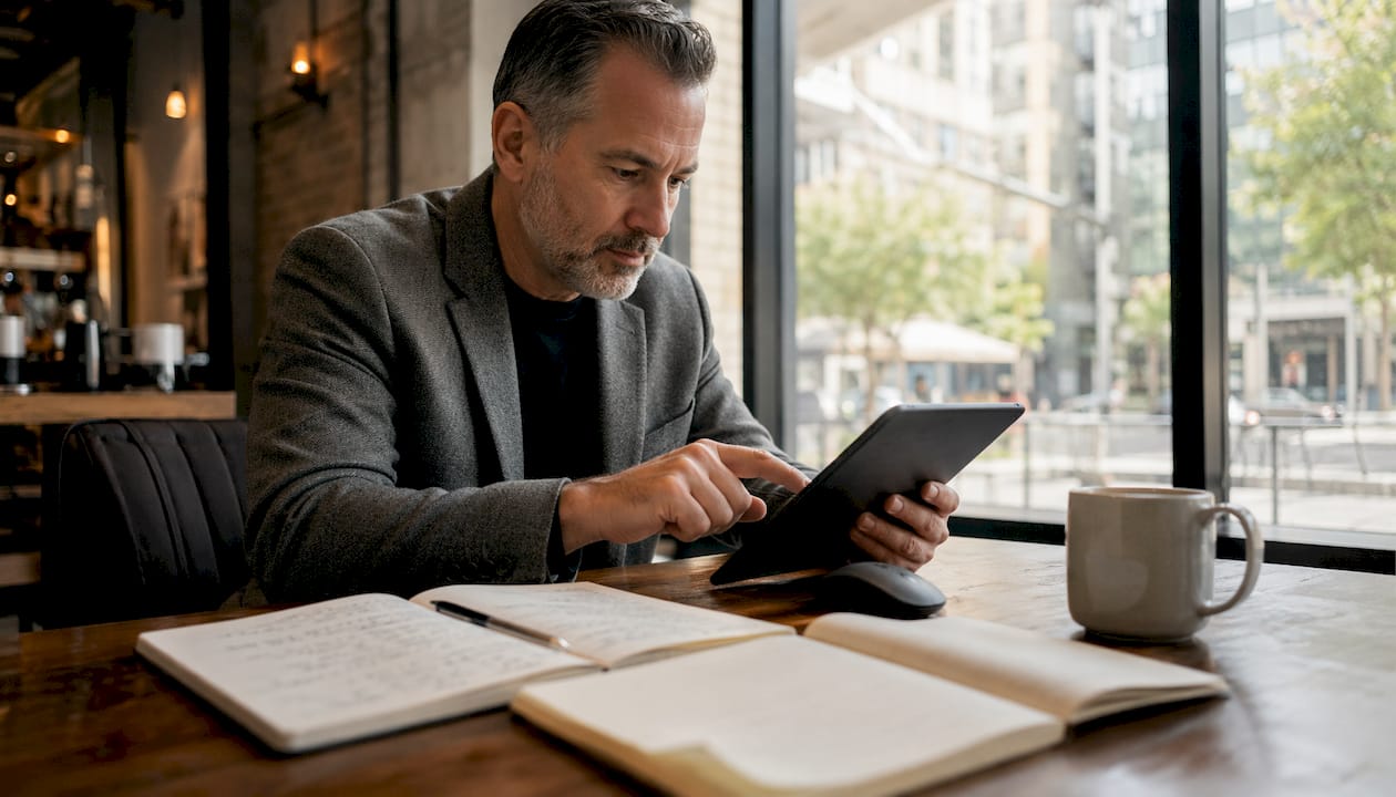 Handen bedienen een tablet met trackingsoftware