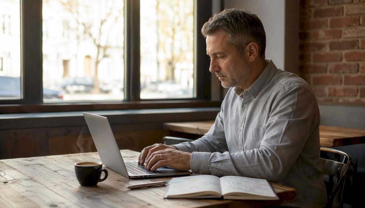 Een paar handen typen op een laptop, terwijl er een kop koffie en grafieken op tafel liggen.