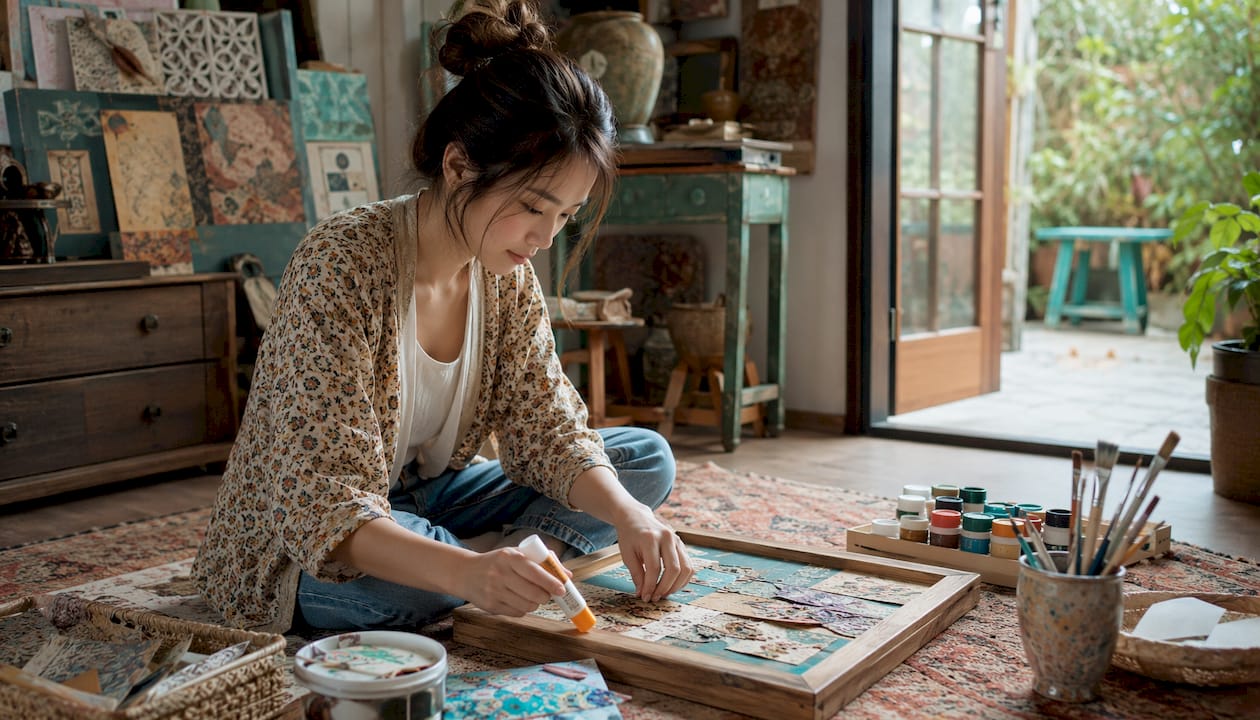 Woman crafting DIY upcycled wall art