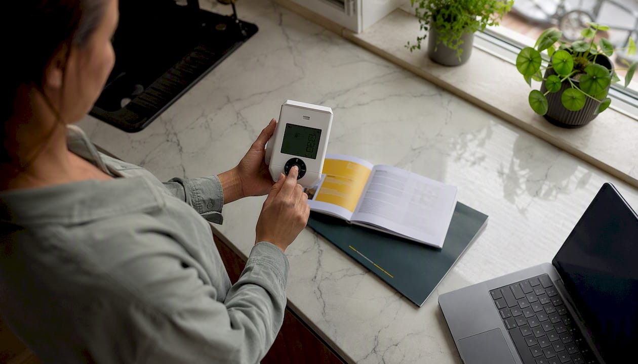 Iemand stelt de energiemeter af in de technische ruimte