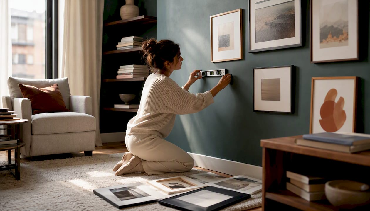 Host arranging artwork in rental bedroom