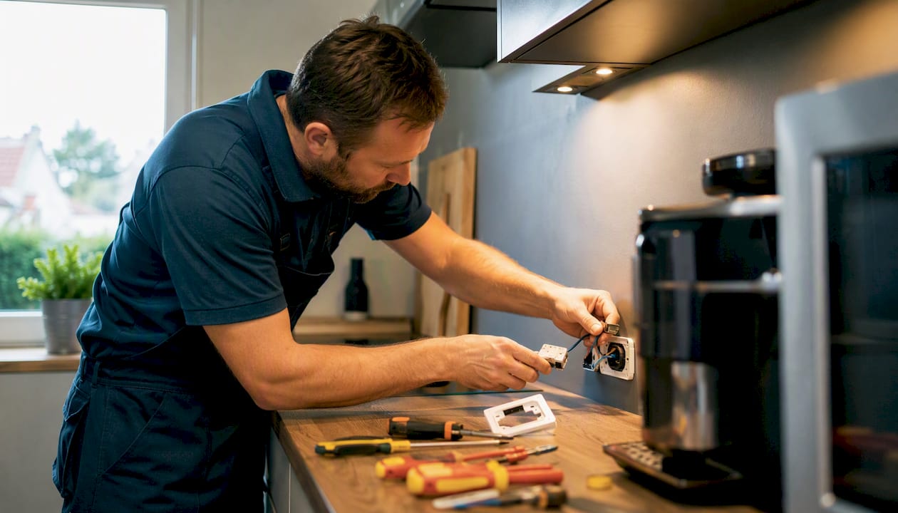 Een elektricien plaatst een stopcontact in de keuken.