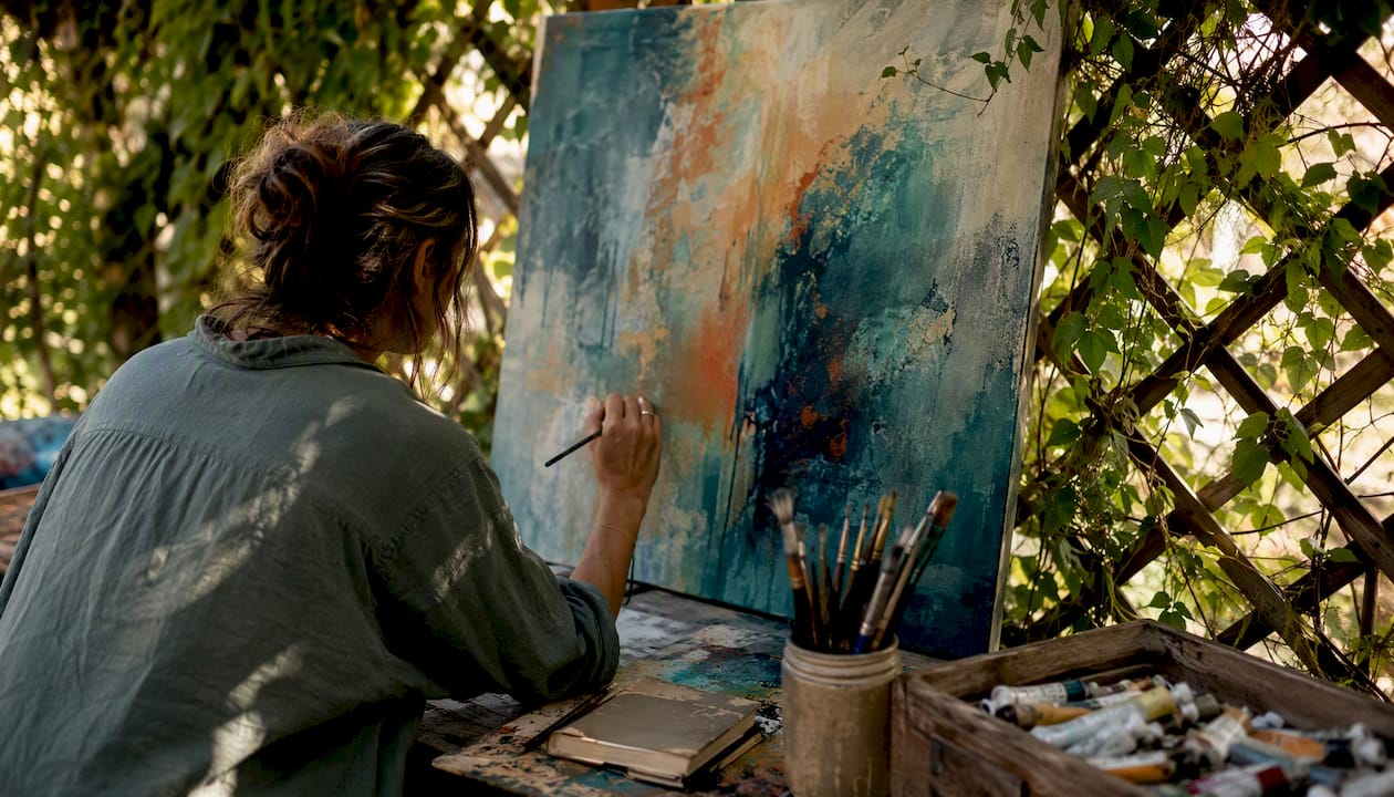 Artist’s hand painting abstract expressionist canvas