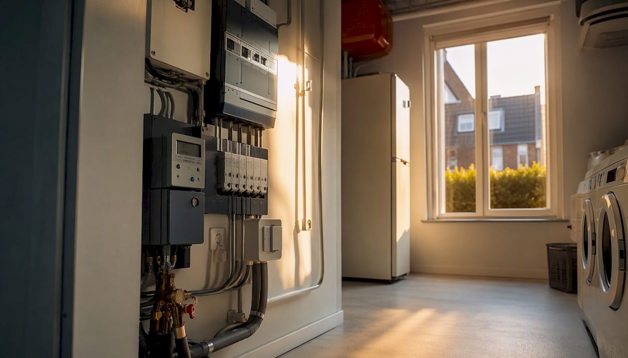 Stroommeter en groepenkast in de meterkast van een woning