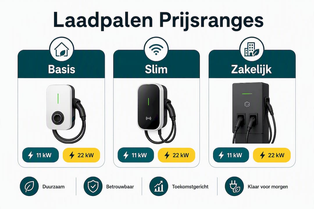 Handige infographic met een overzicht van de verschillende soorten laadpalen en hun prijsklassen