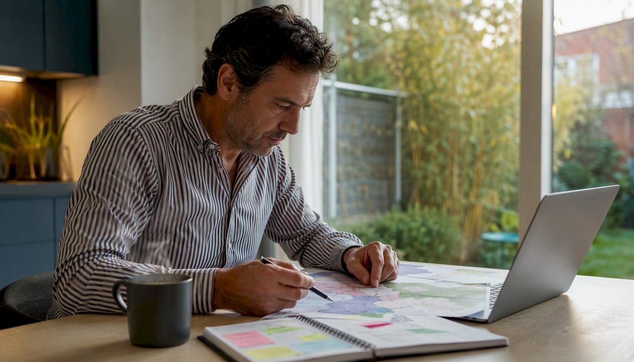 Een man maakt een strategisch plan waarbij hij verschillende regio’s indeelt met behulp van kaarten.
