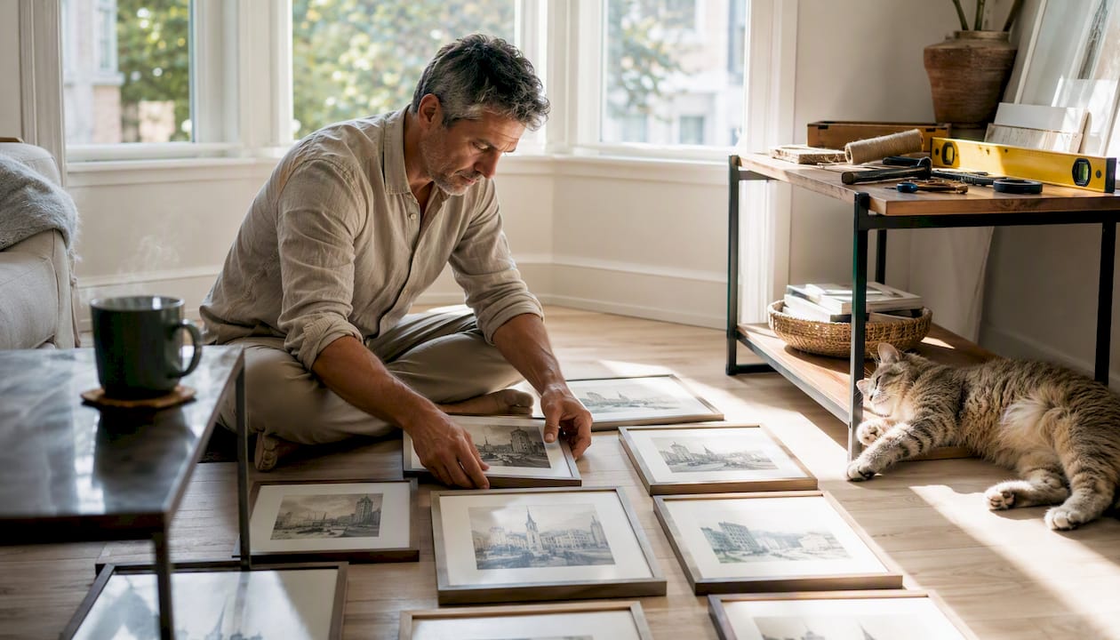 Man arranging cityscape print frames on floor