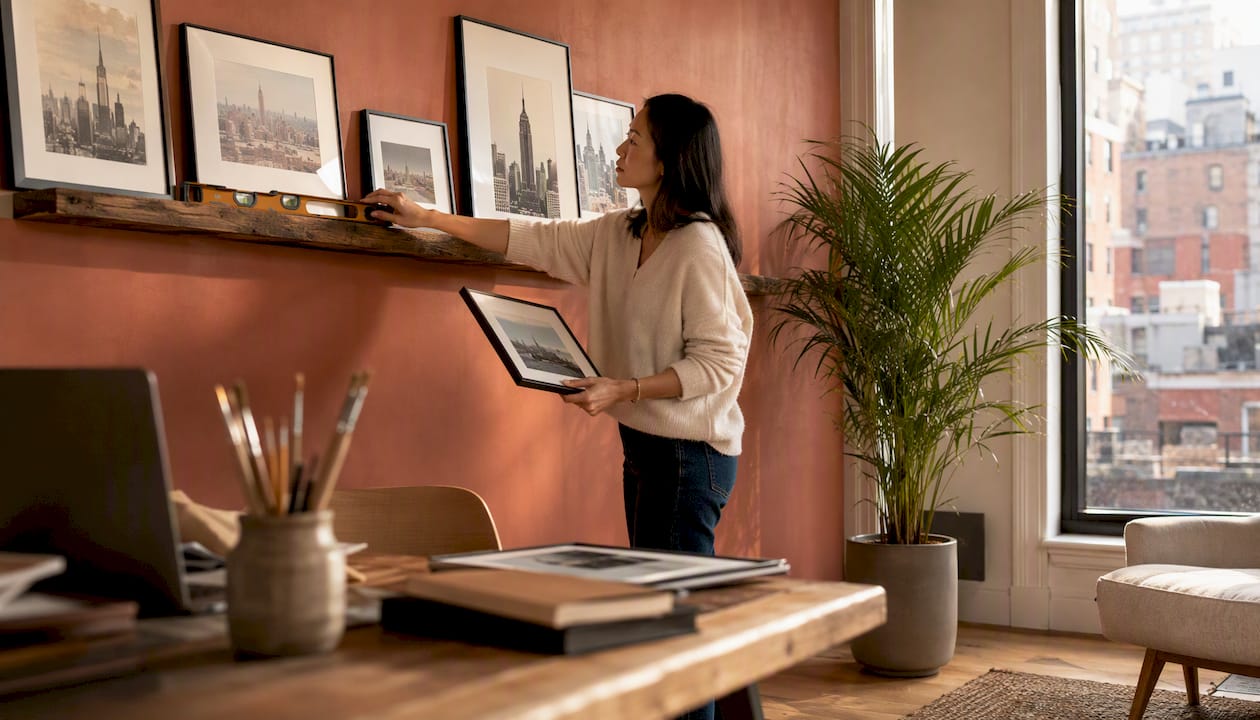 Woman adjusting layered cityscape prints on shelf ledge