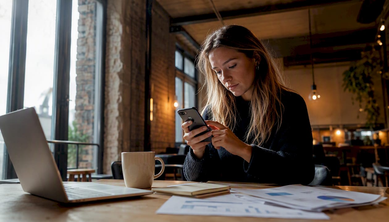 Een vrouw bekijkt en past haar Google Ads-campagne aan op haar smartphone.