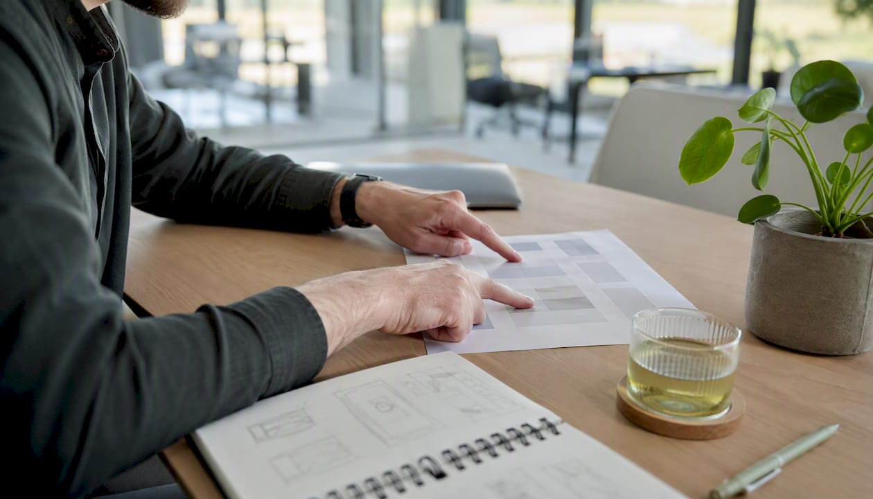 Twee handen wijzen naar grafieken op het bureau, waarop de verschillen tussen SEO en SEA worden besproken.