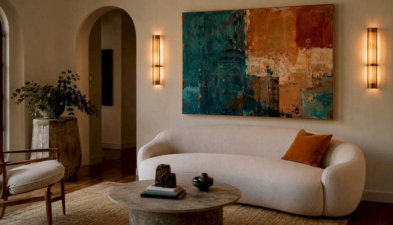 Large artwork placement in dim living room