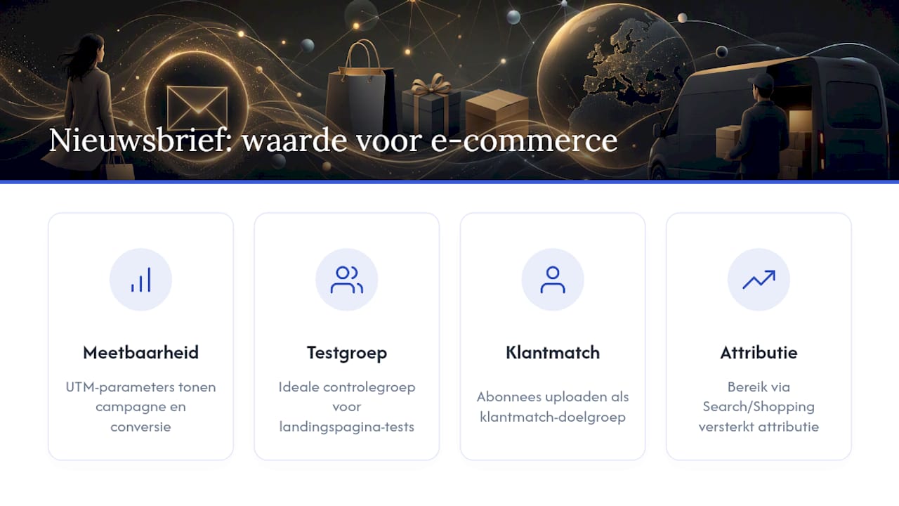 Hoe Ecomtrada nieuwsbrieven ziet in relatie tot e-commerce en Google Ads — overview diagram