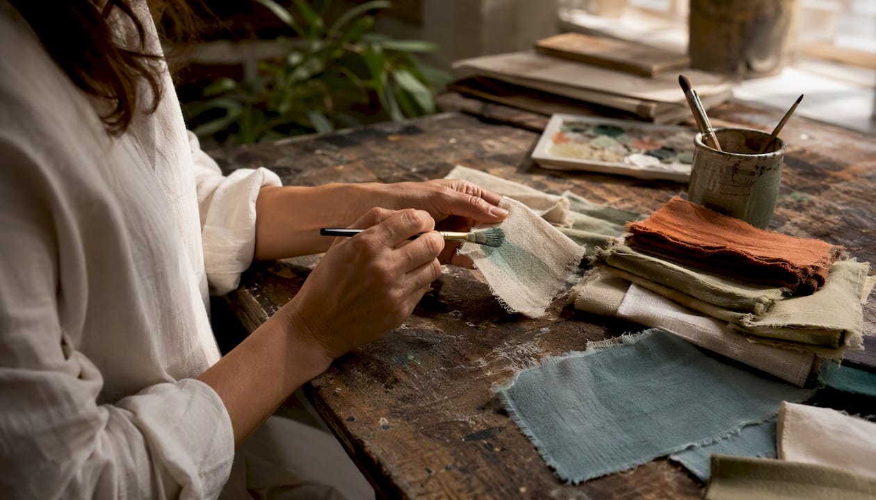 Hand painting on fabric swatch for color matching