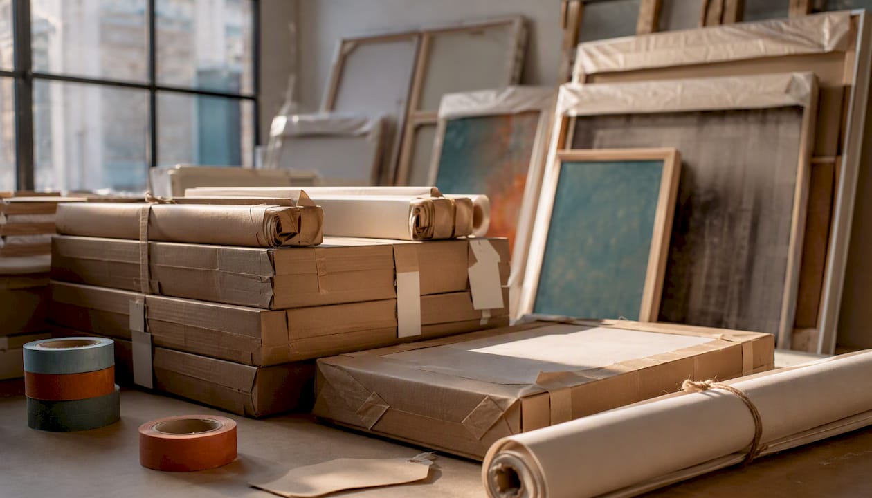 Packed canvases ready for delivery in warehouse